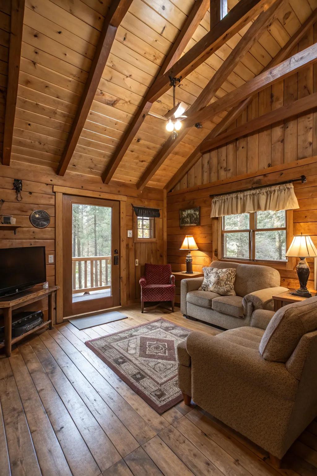 Timber rafters lend architectural detail and countryside charm to this cabin.