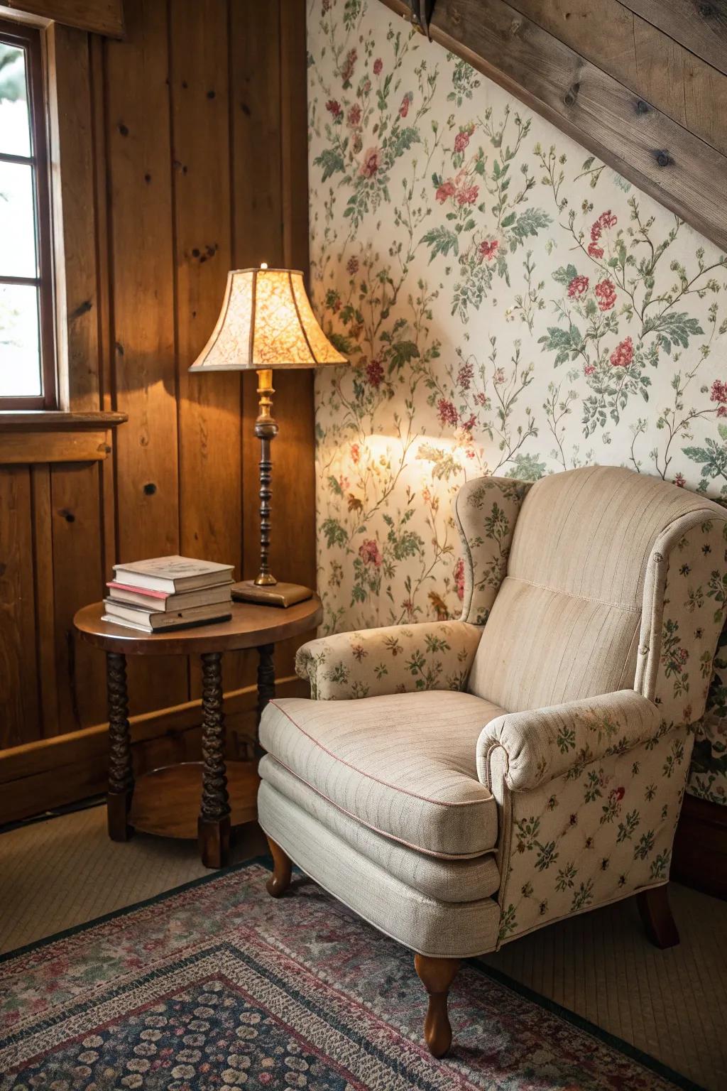 Charming vintage wallpaper adds personality to a cozy nook.