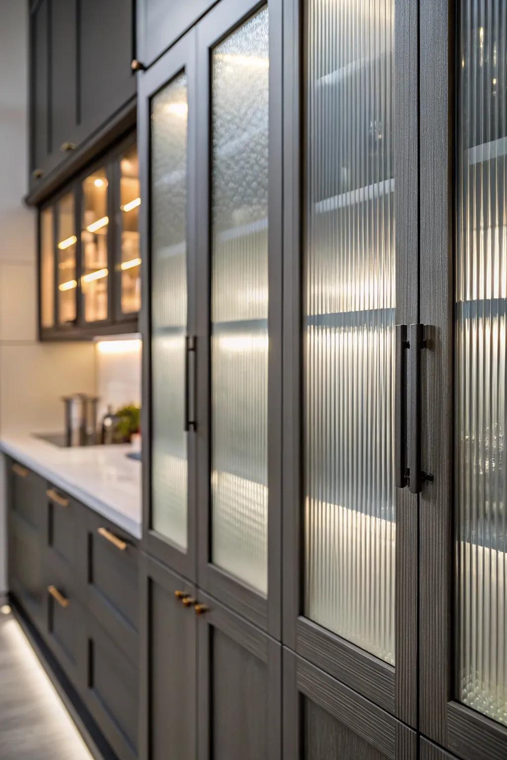 Fluted glass inserts introduce a contemporary flair to cabinet doors.