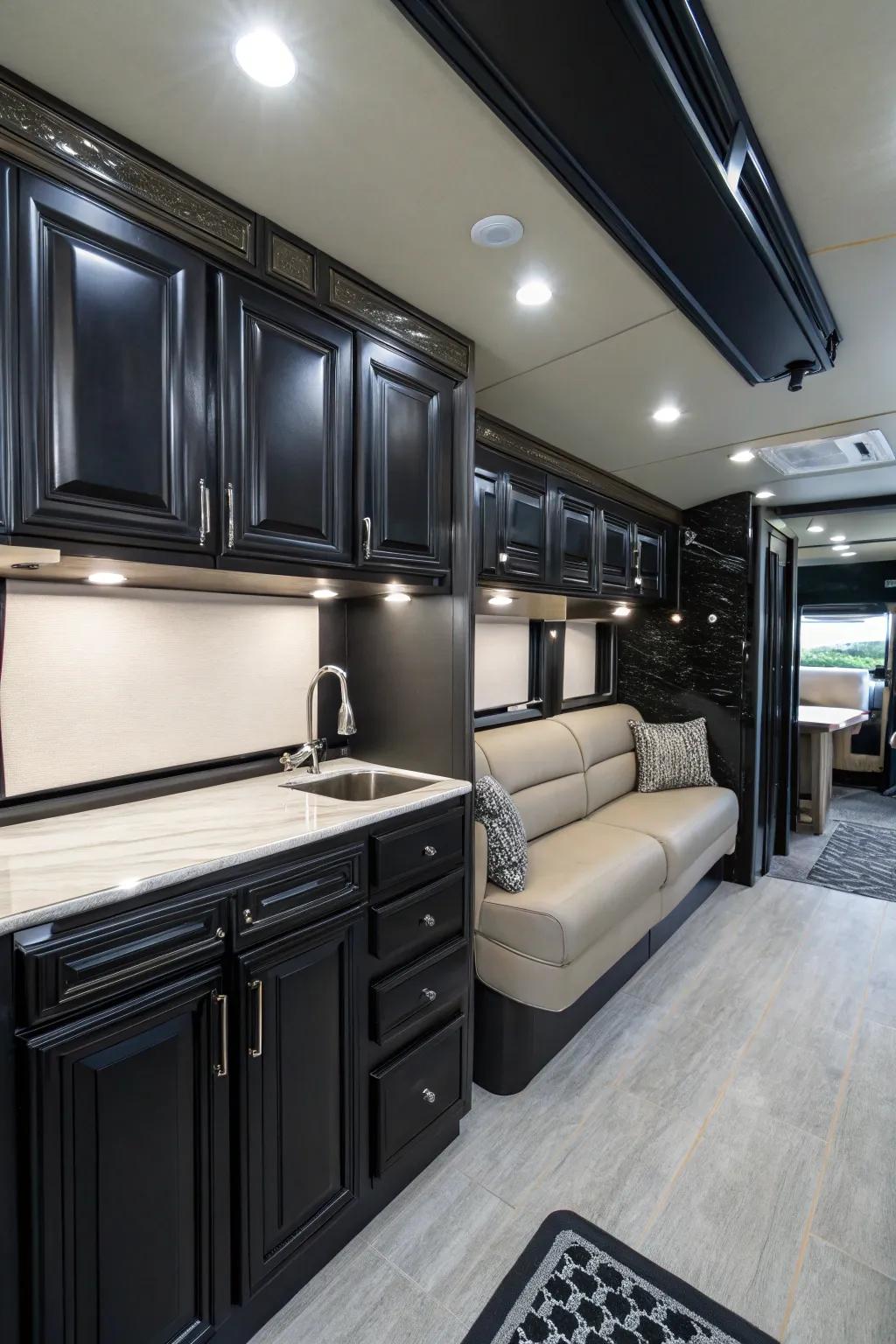 Black cabinets introduce drama and luxury.