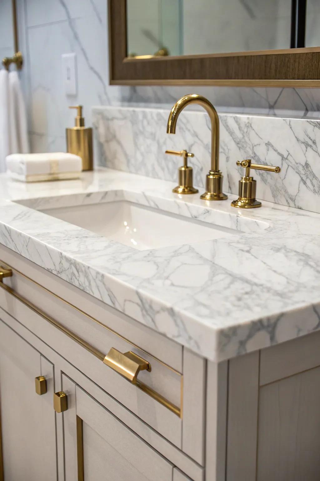 A stunning bathroom vanity featuring a Luminous Argento marble backsplash.