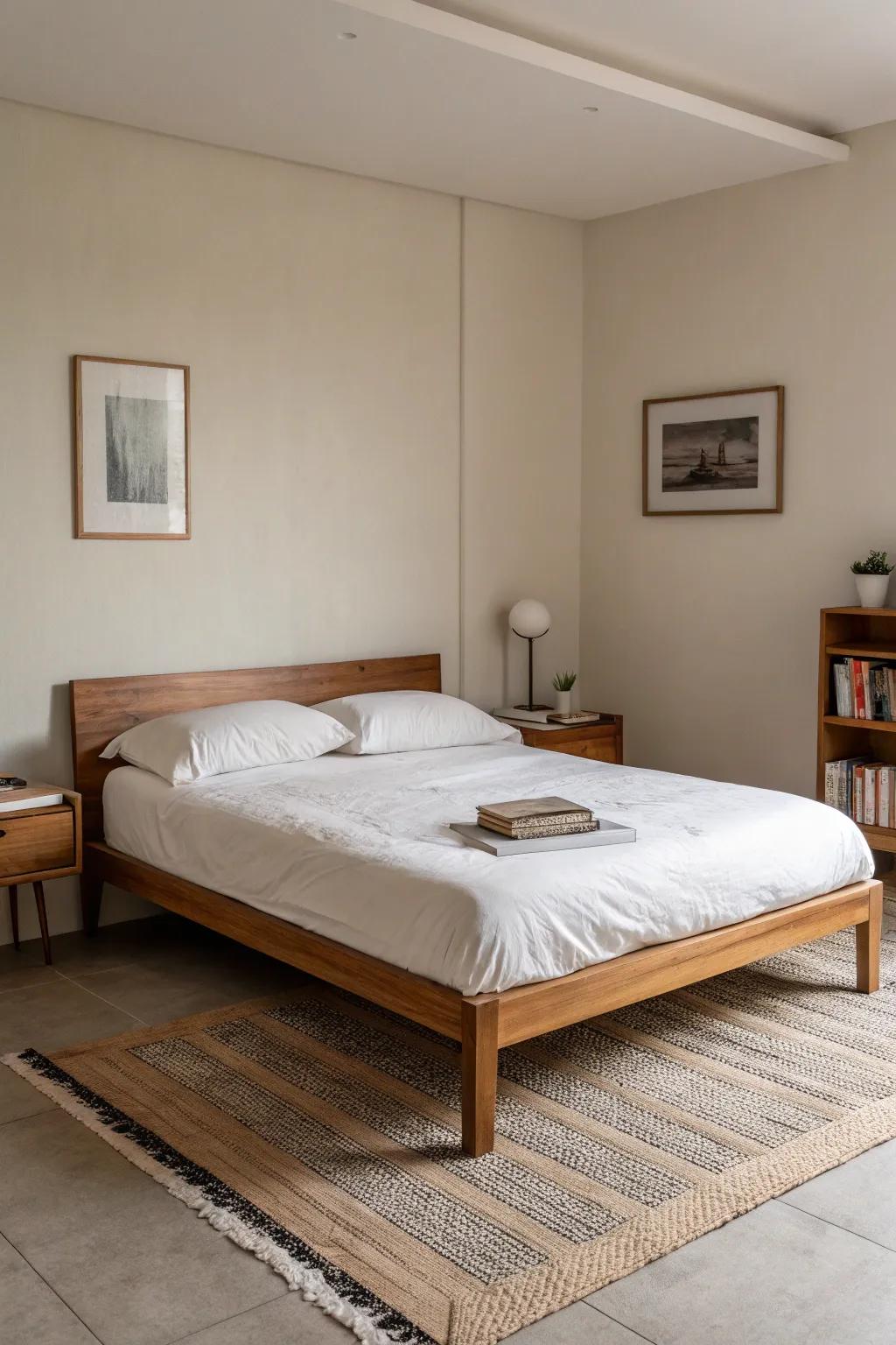 This minimalist bedroom includes simple furniture and uncluttered surfaces.