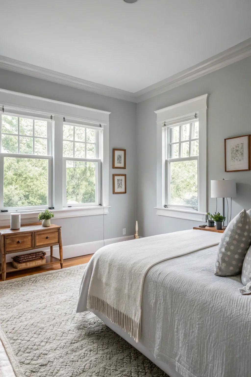 Pale grayish walls offer a modern and serene atmosphere.