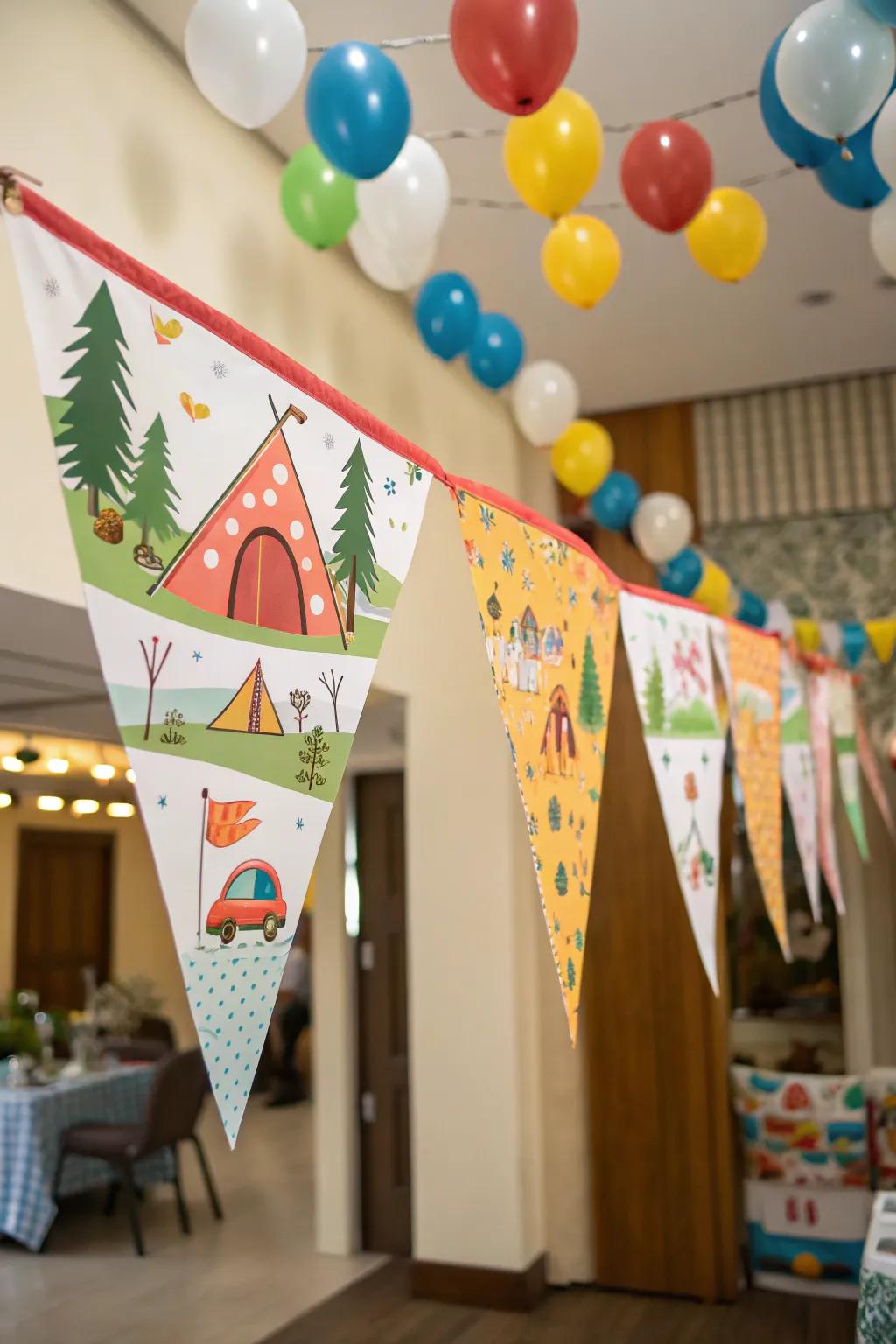 Personal camping-themed birthday banners create a bold impression.