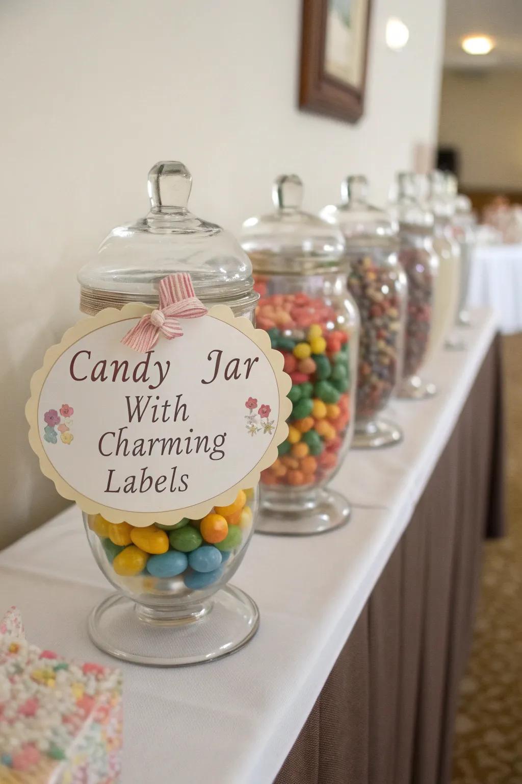 Handmade labels give a personal touch to your candy buffet, enhancing its charm and detail.
