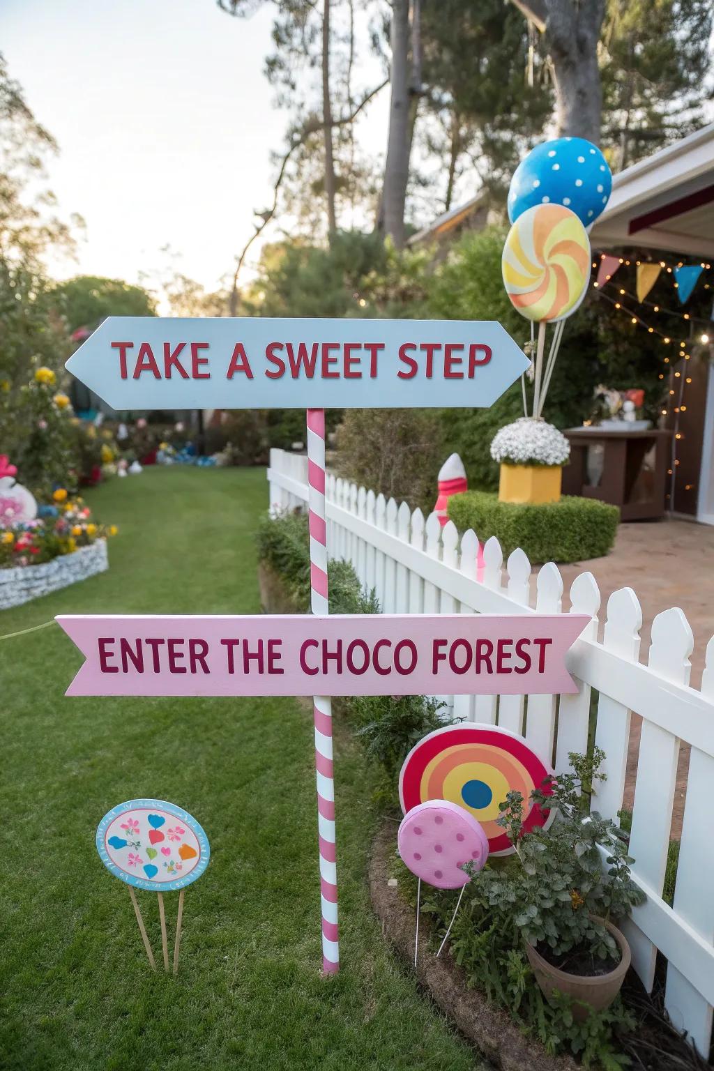 Playful sweet-themed signs guide guests through the sweet setting.