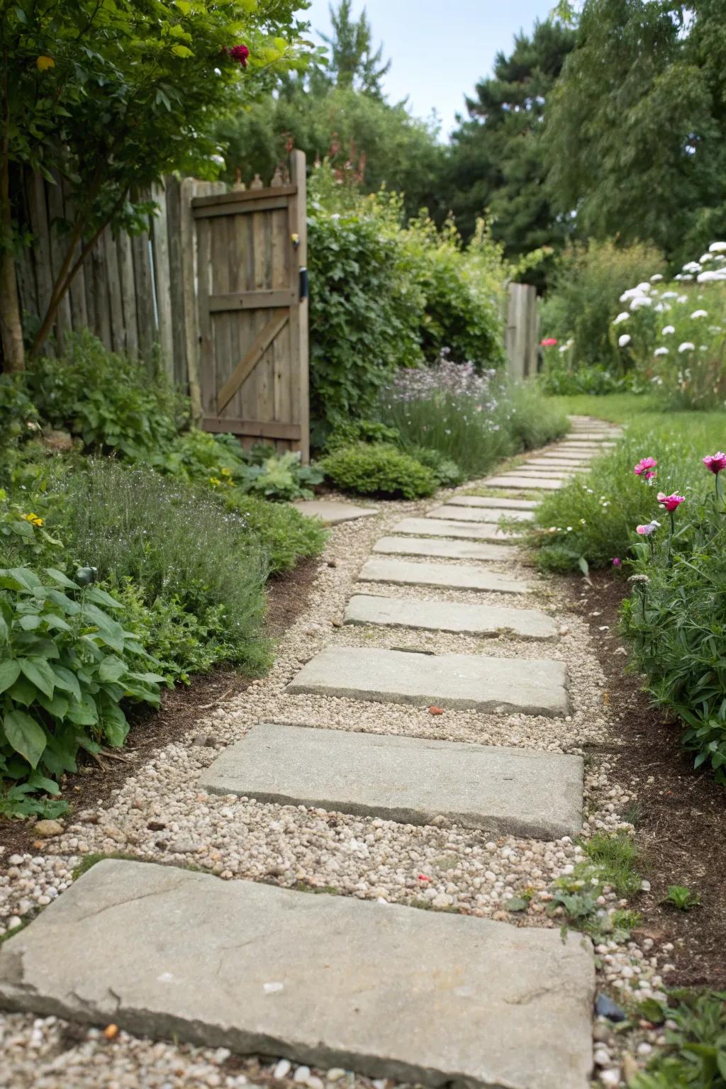 A textured interaction between concrete and gravel for a distinctive garden path.