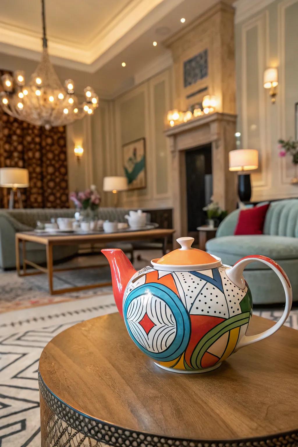 Abstract artistry harmonizes with functional design in this exquisite teapot.