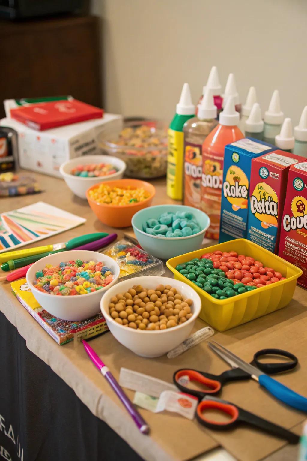 A table featuring art materials and different grains for crafting grains art.