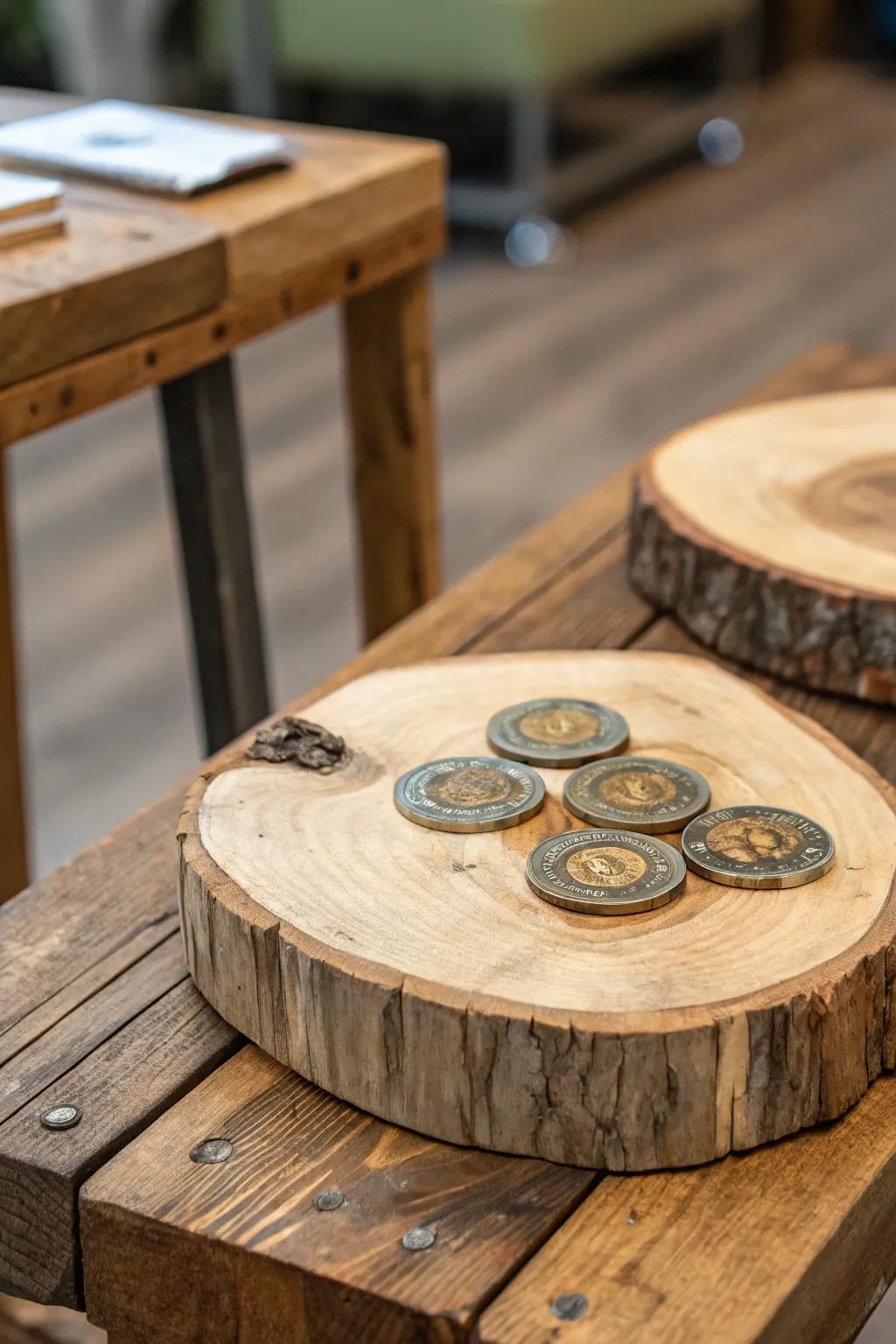 Rustic platforms add warmth and a touch of nature to your display.