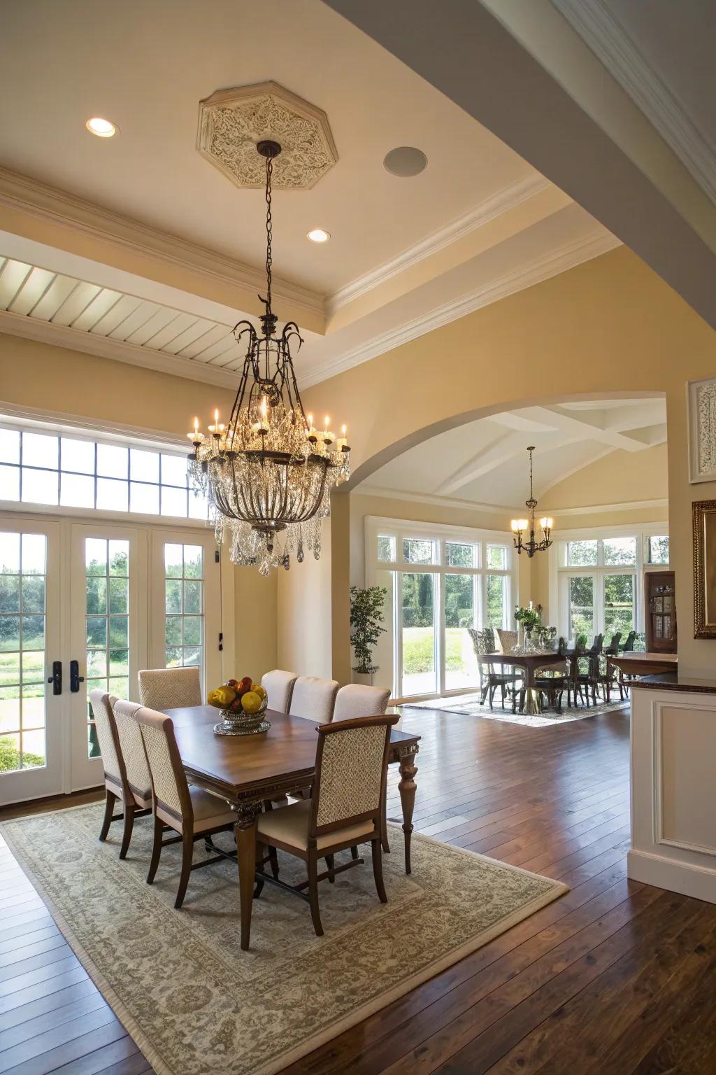 An airy chandelier enhances the spacious feel of a dining room with limited headroom.