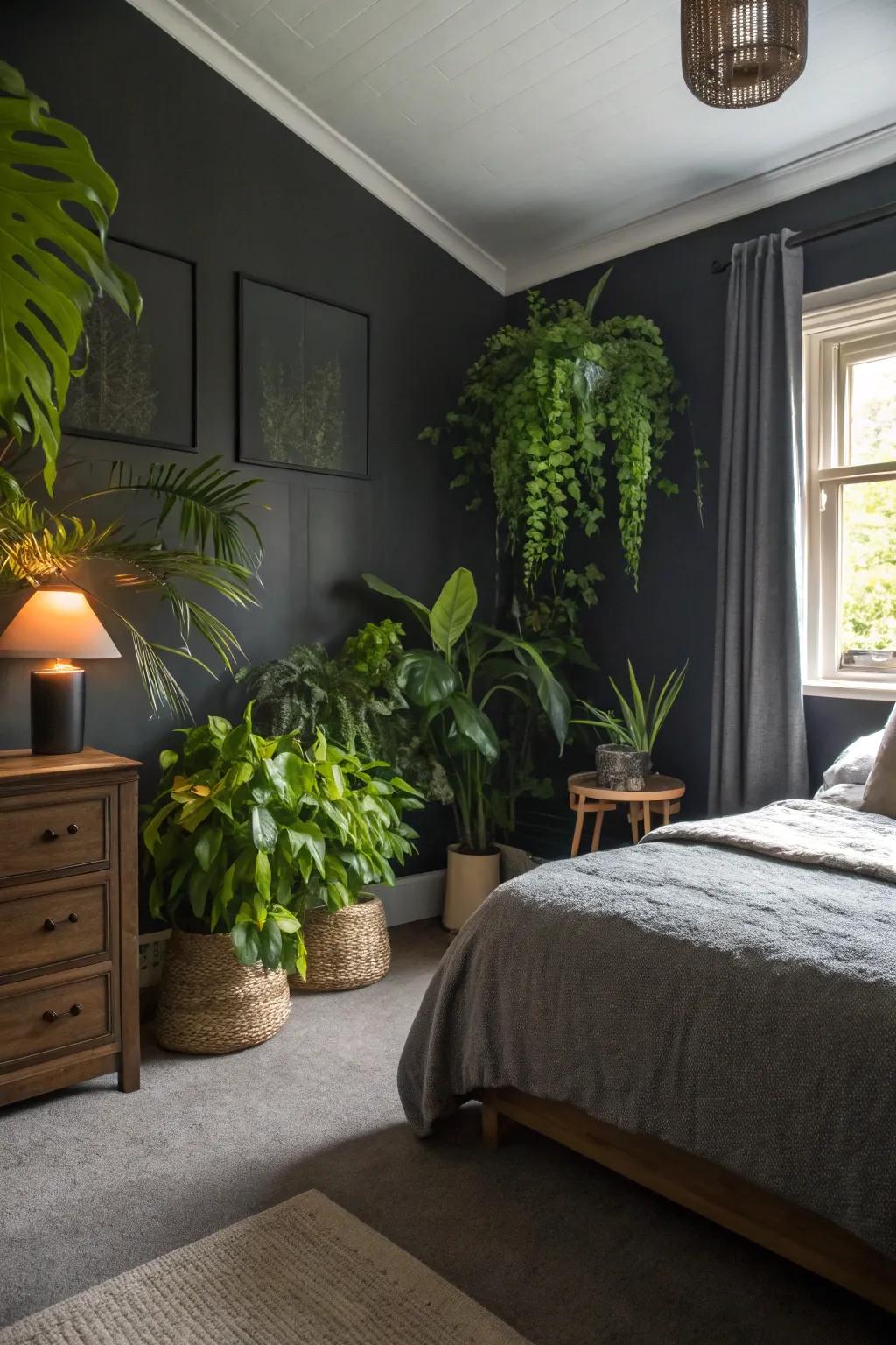 Greenery gives a refreshing comparison to deep slate interiors.