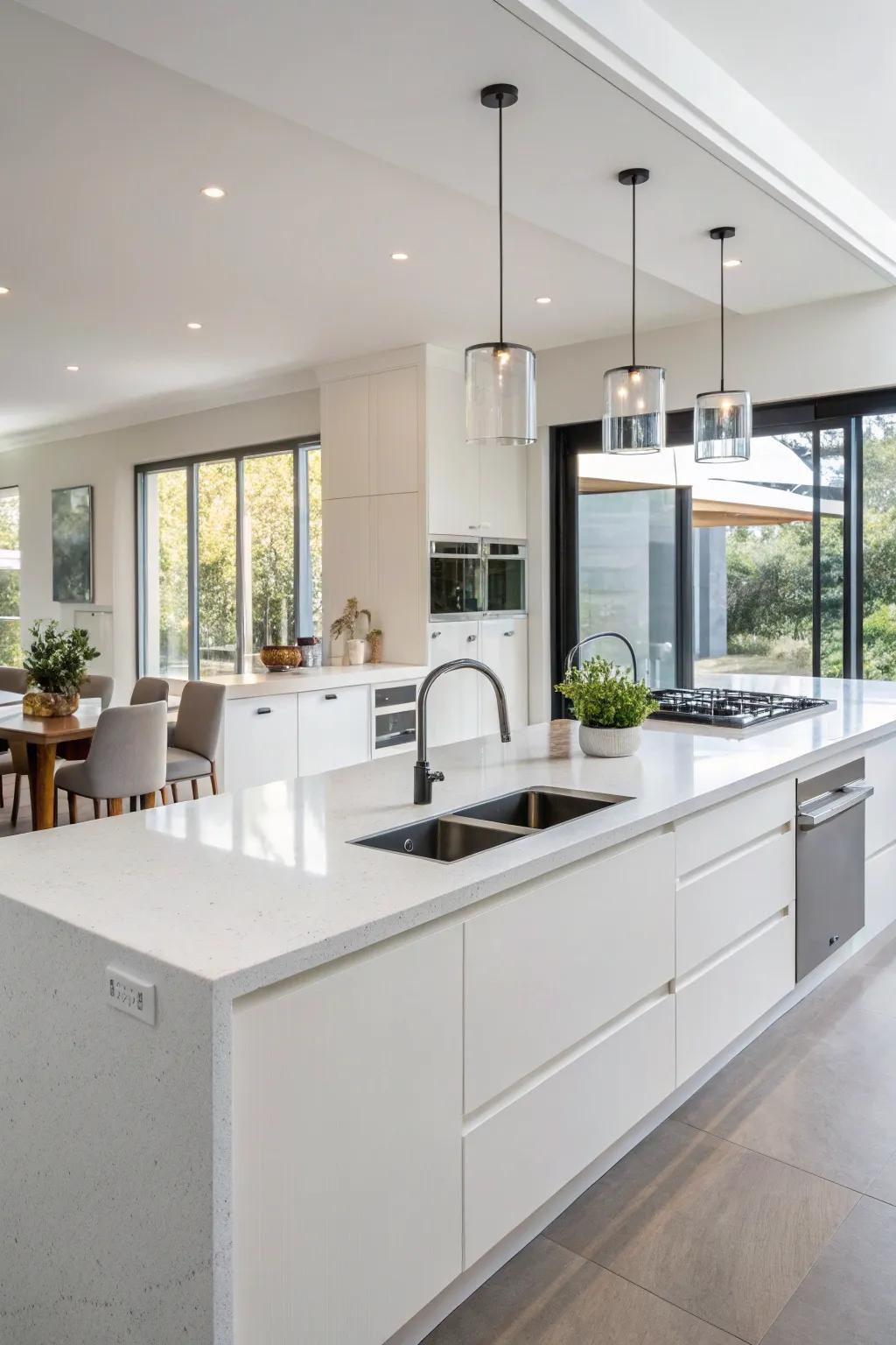 A streamlined kitchen exhibiting seamless solid surface countertops.