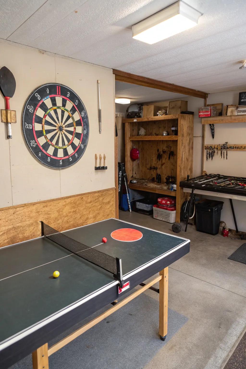 A sport and game zone brings lively energy to the garage.