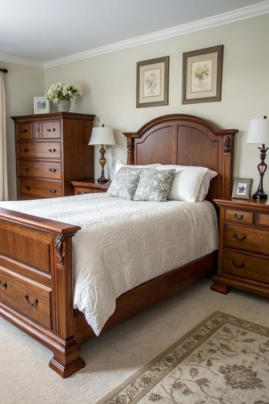 Classic mahogany fixtures take center stage, commanding attention in any bedroom configuration.