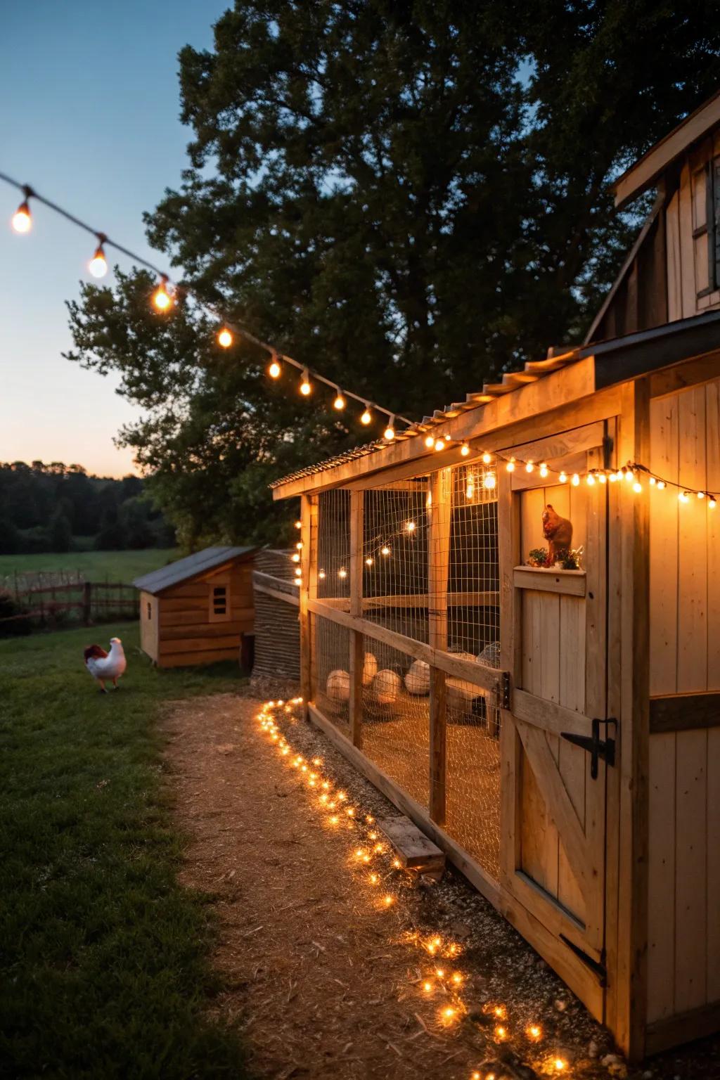 Twinkling strand lights give your hen house a snug and enchanting feel.