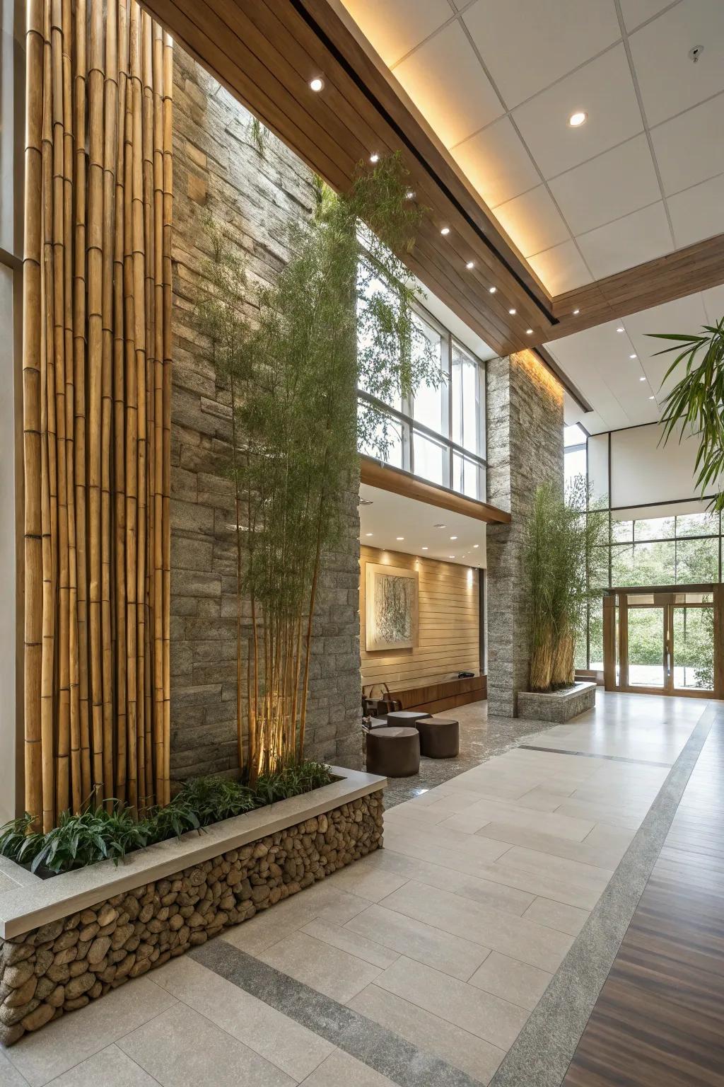 Natural bamboo and stone aspects giving warmth to the entrance hall.