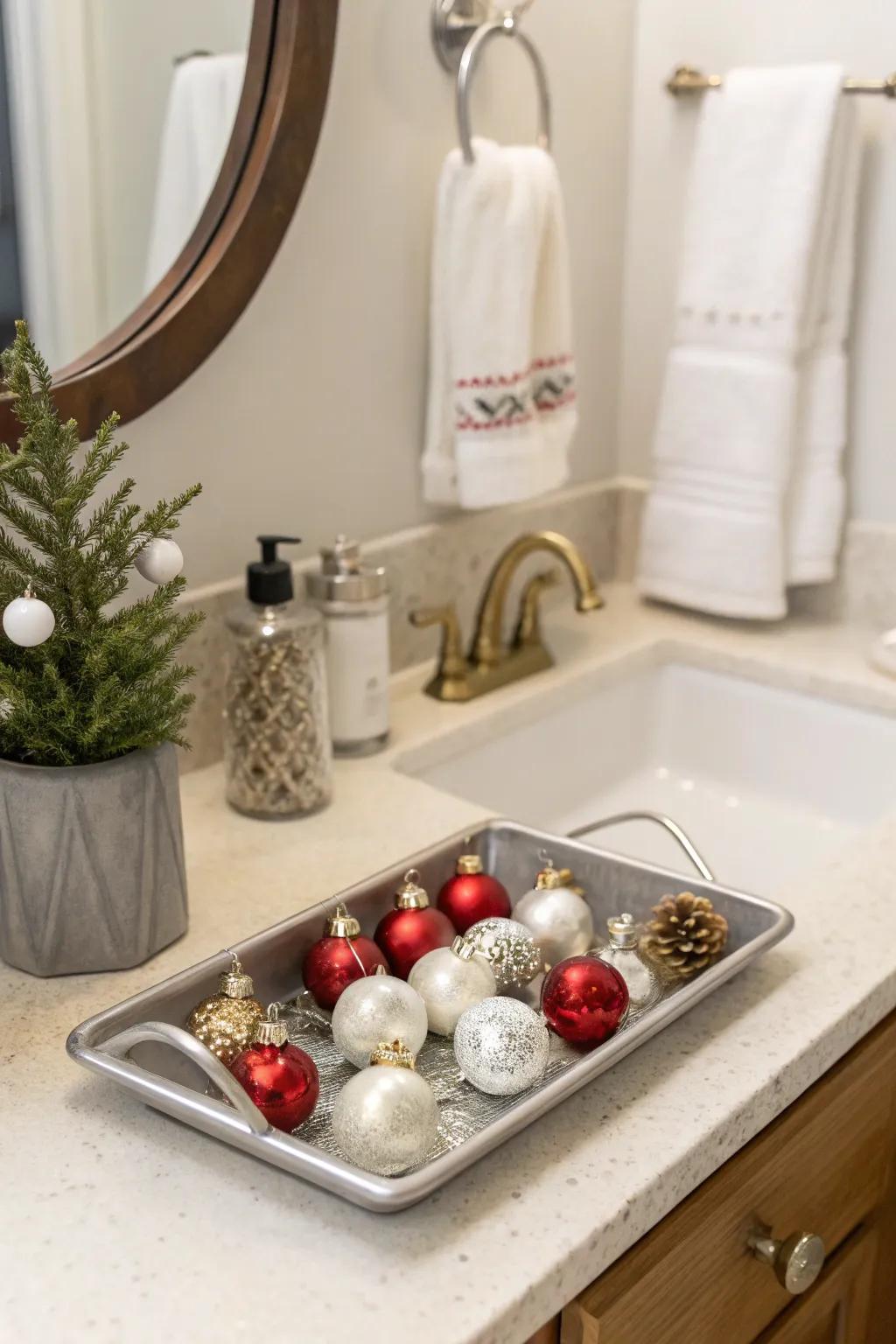 A touch of sparkle with Christmas ornaments brightens up the space.