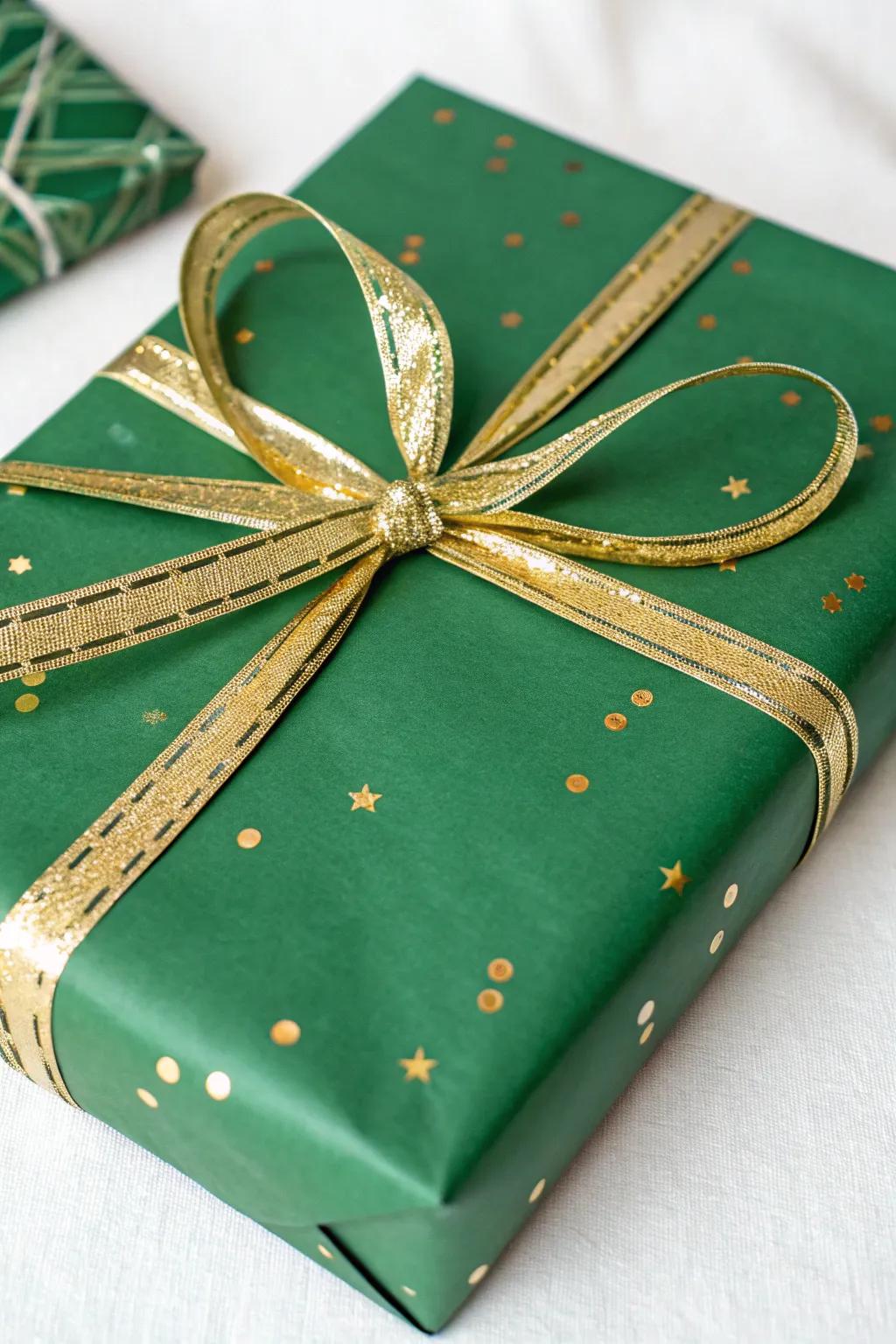 A regal display of green and gold, infusing festive magic into your gifts.