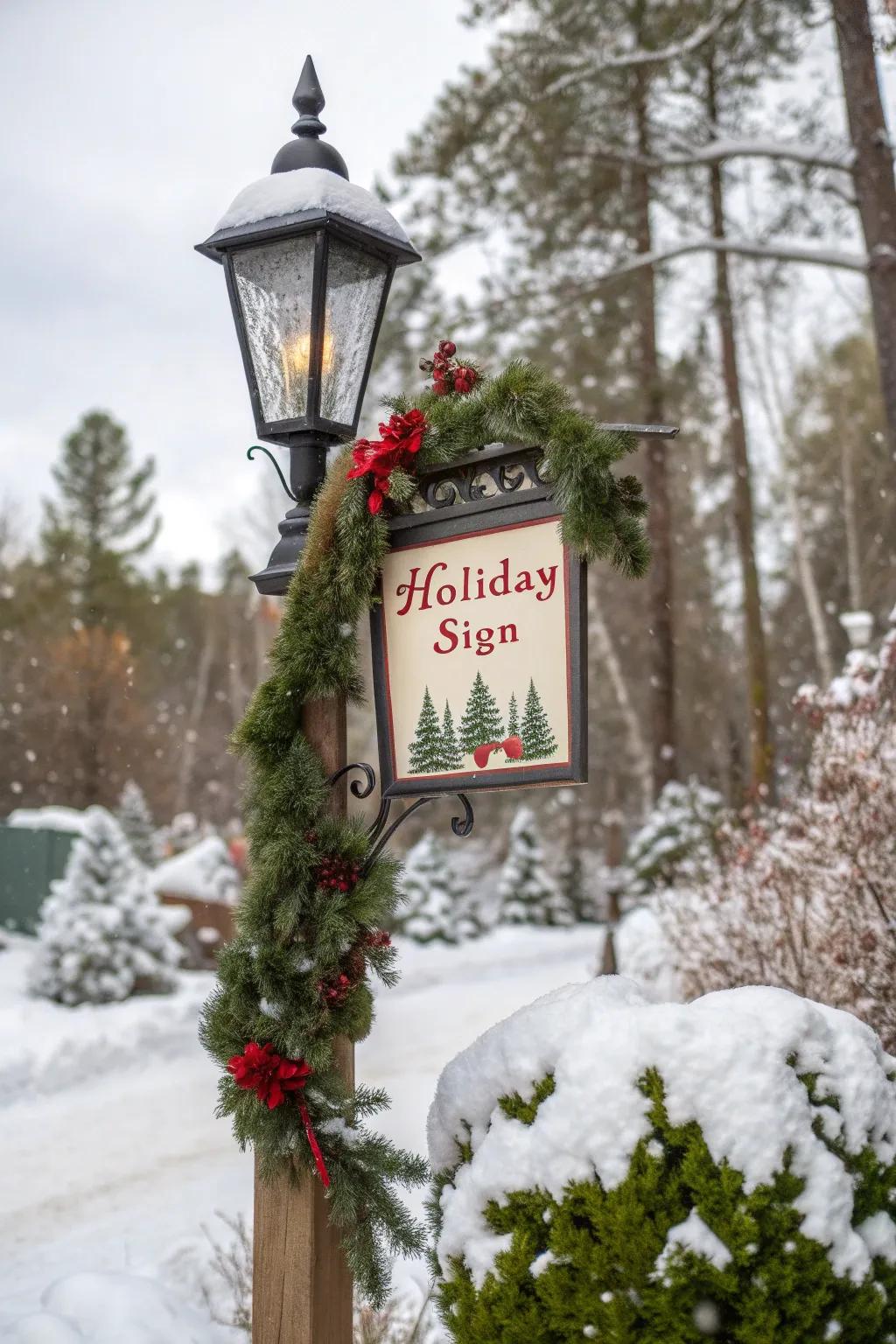A festive sign broadcasts holiday happiness from atop a lamp post.
