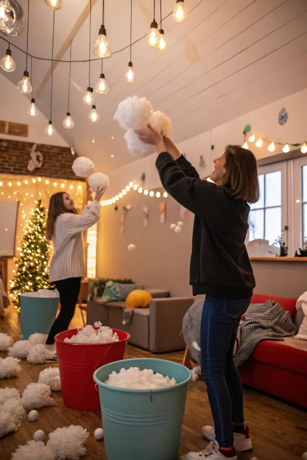 Indoor snow sphere fling, injecting fervor into the celebrations.