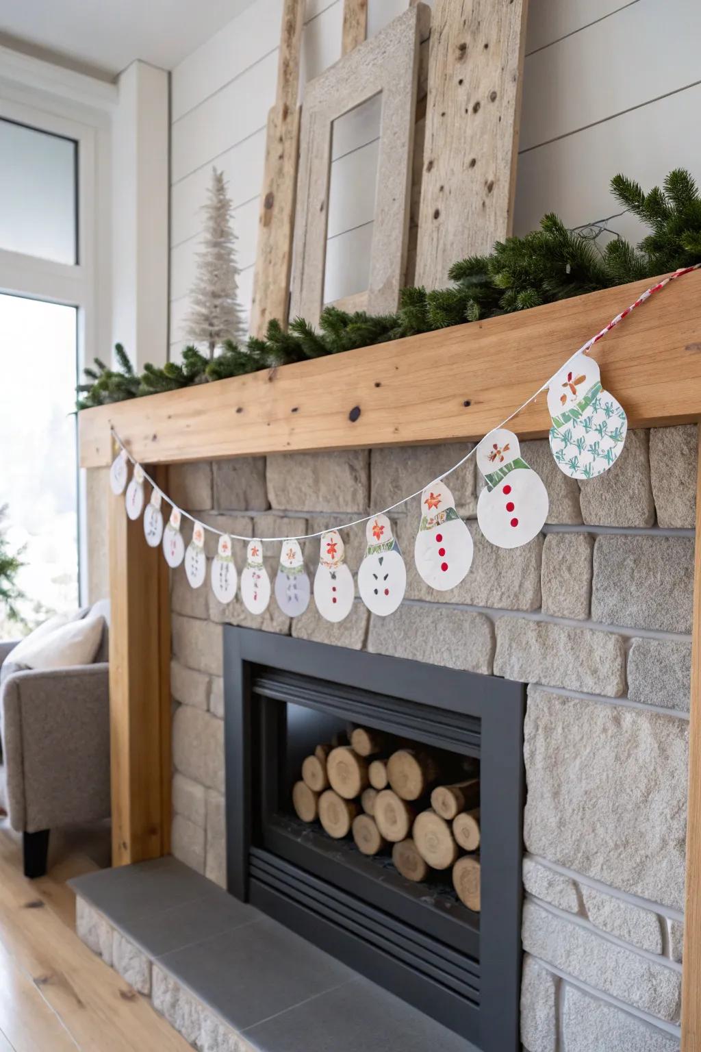 Enhance your holiday decor using a sweet snowman garland, combining Scandinavian simplicity with Boho style.