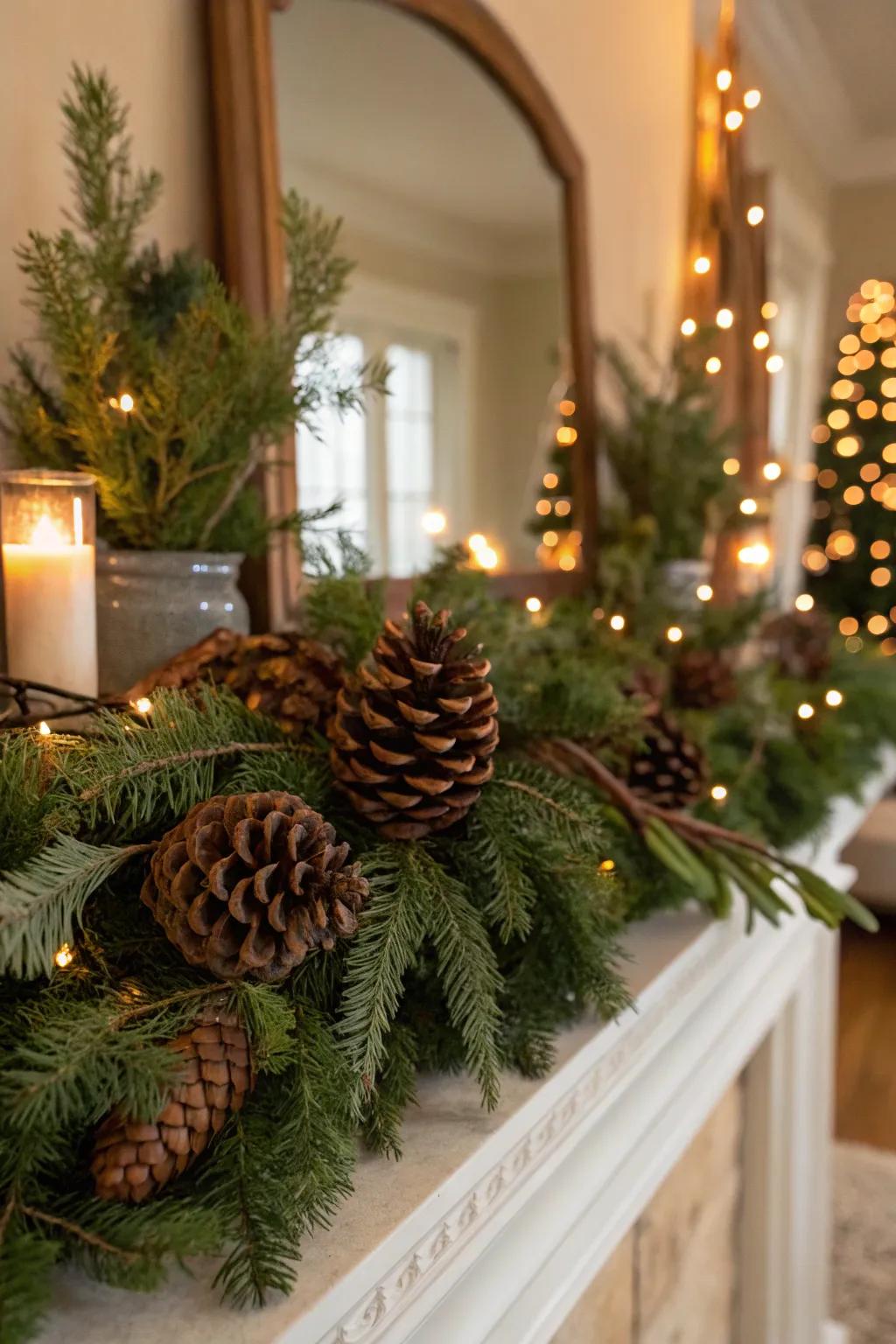 Natural elements like evergreen elements contribute warmth and texture to your decor.