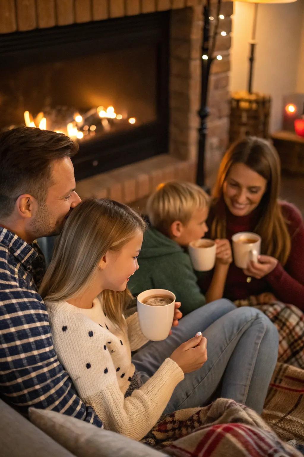 Family gathered around the fireplace, enjoying hot cocoa.
