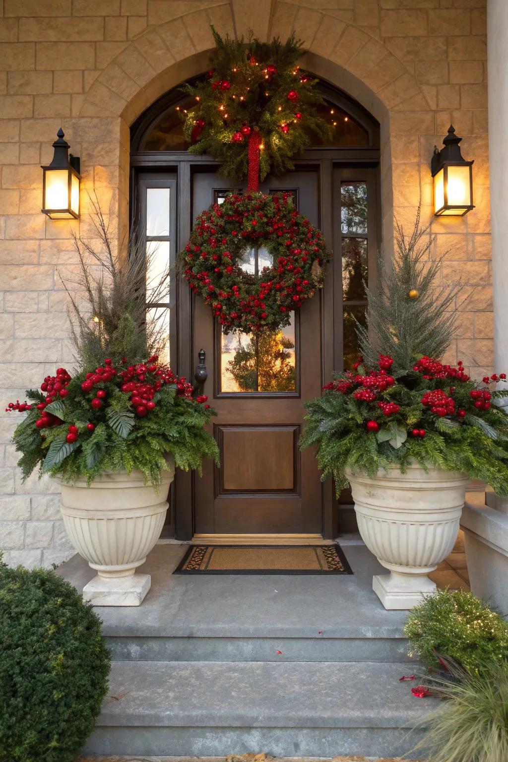 Wreaths unify the entirety of the porch ornamentation.