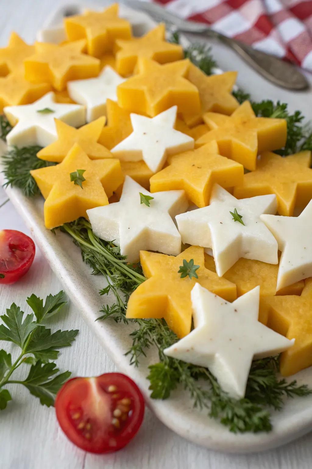 Festive star-shaped cheese bites for a holiday touch.