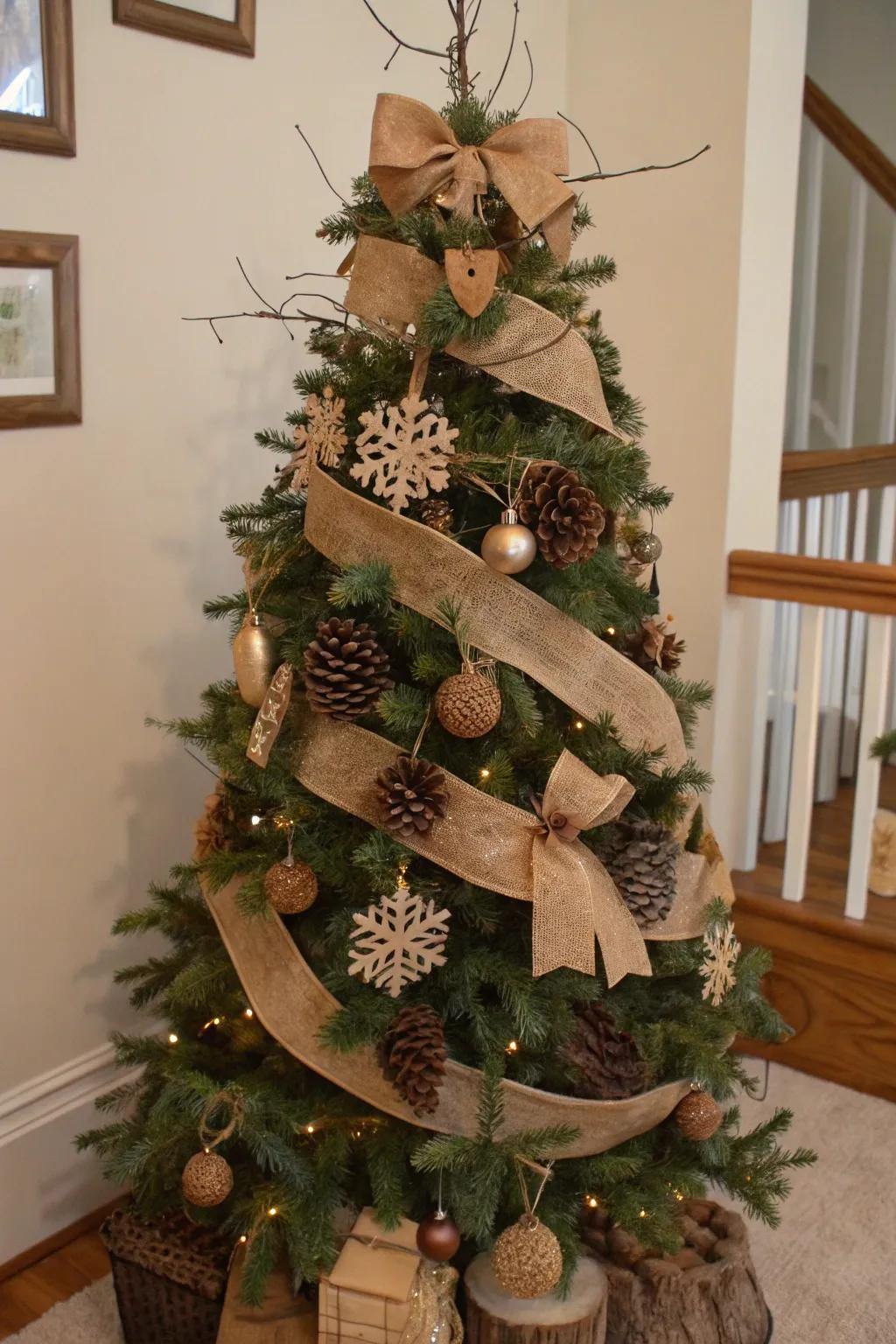 A Christmas tree with burlap ribbons and natural elements, evoking a rustic farmhouse charm.