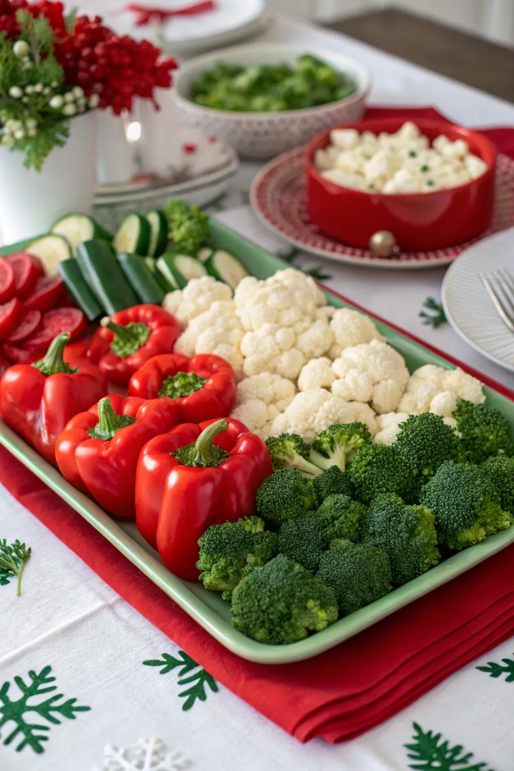 A festive veggie platter that captures the timeless essence of Christmas with classic colors.