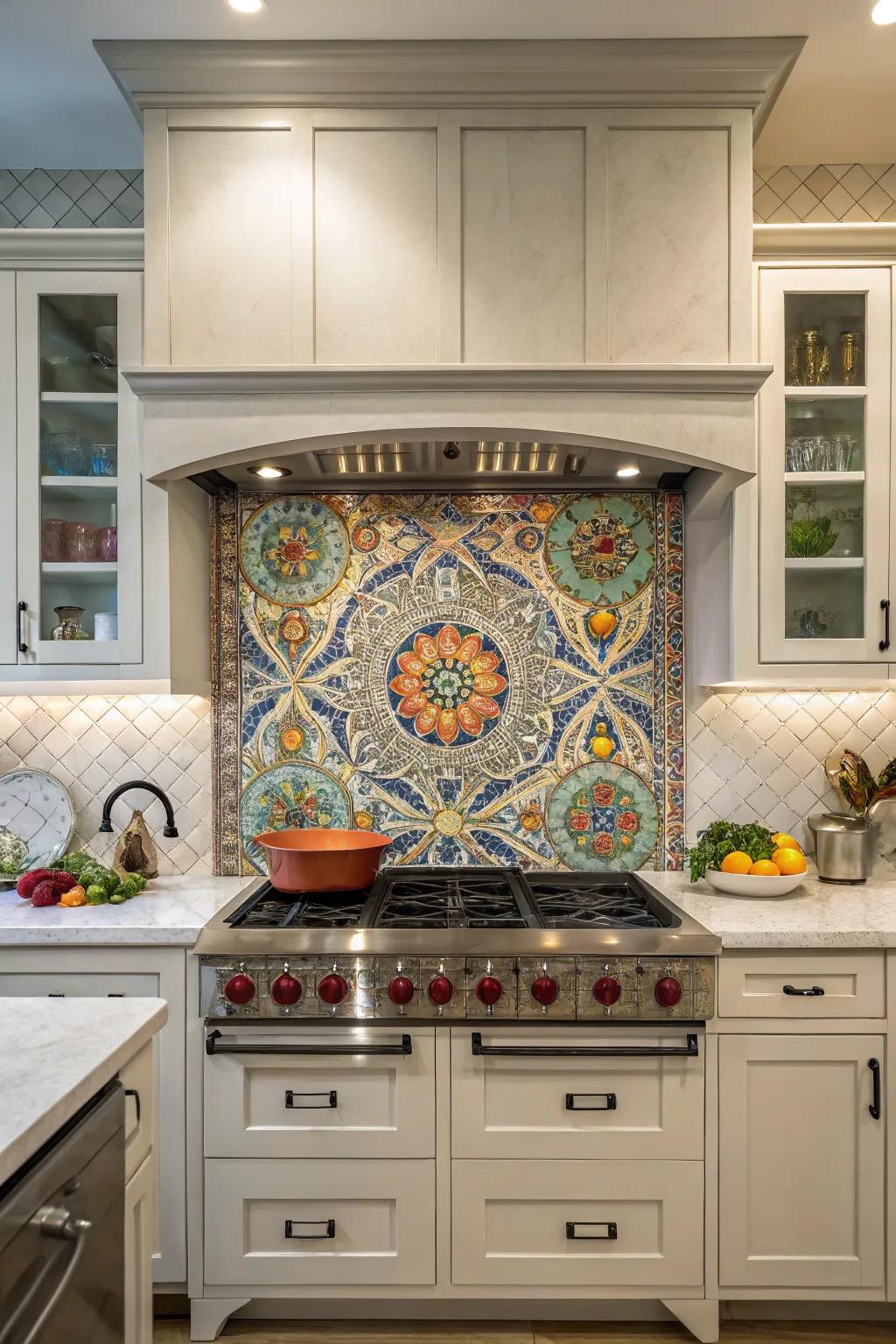 A detailed backsplash establishes a stunning centerpiece in this kitchen.