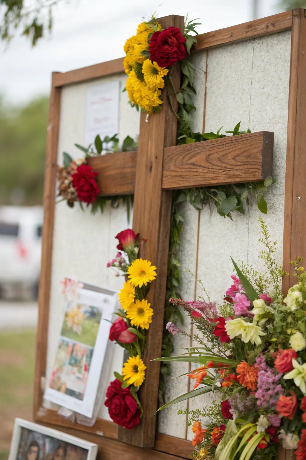 An Easter board radiating a spiritual theme, spotlighting a cross and blossoms.