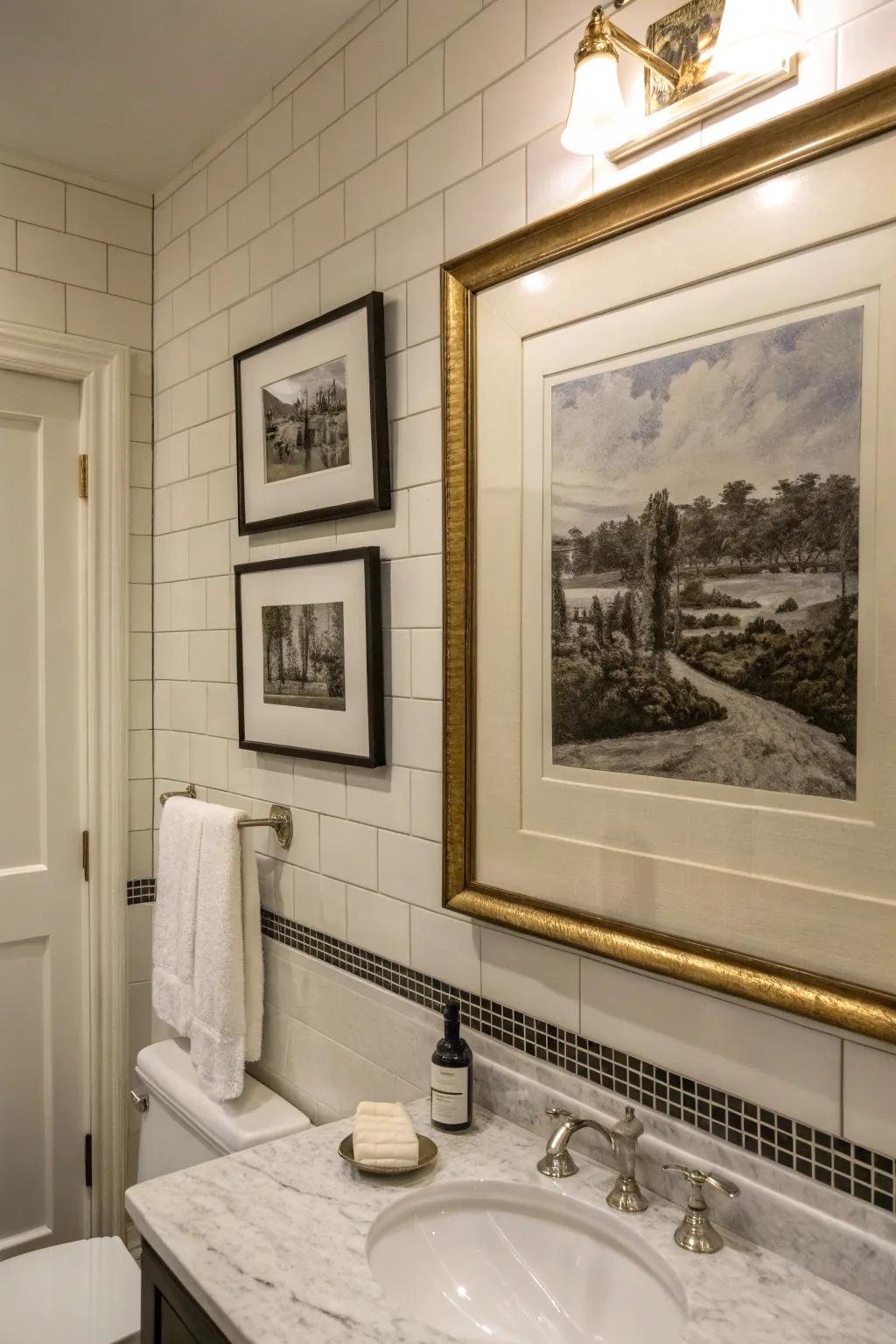 A bathroom wall decorated with framed photo art for a classic and stylish touch.