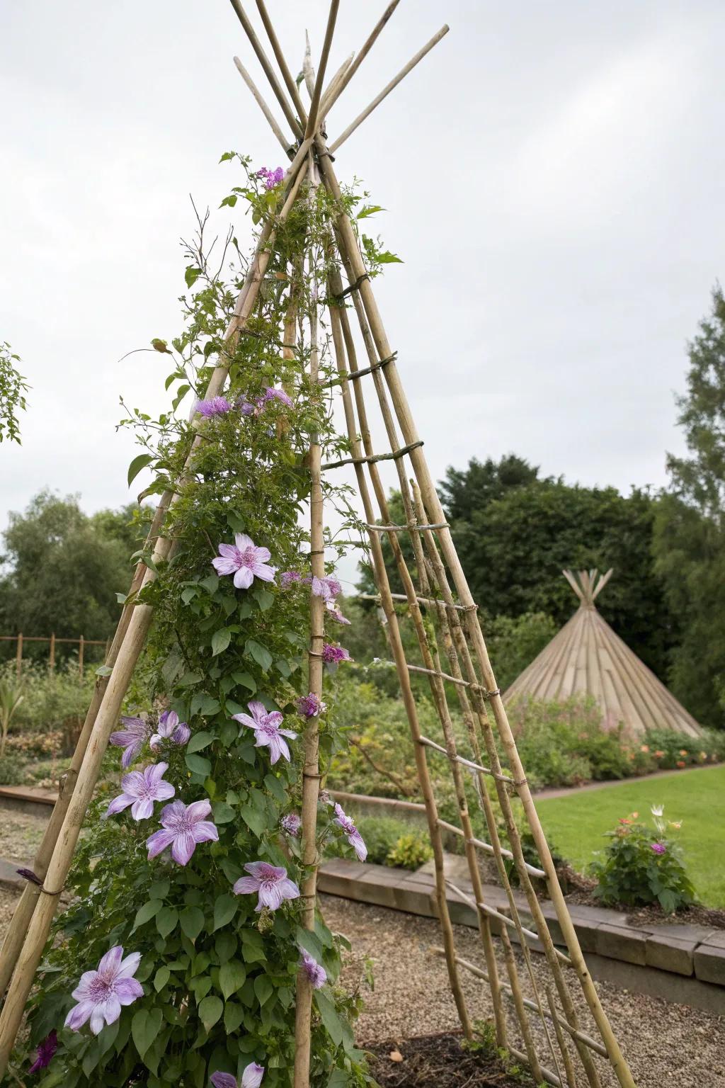A cane tepee trellis delivers a straightforward support for clematis.