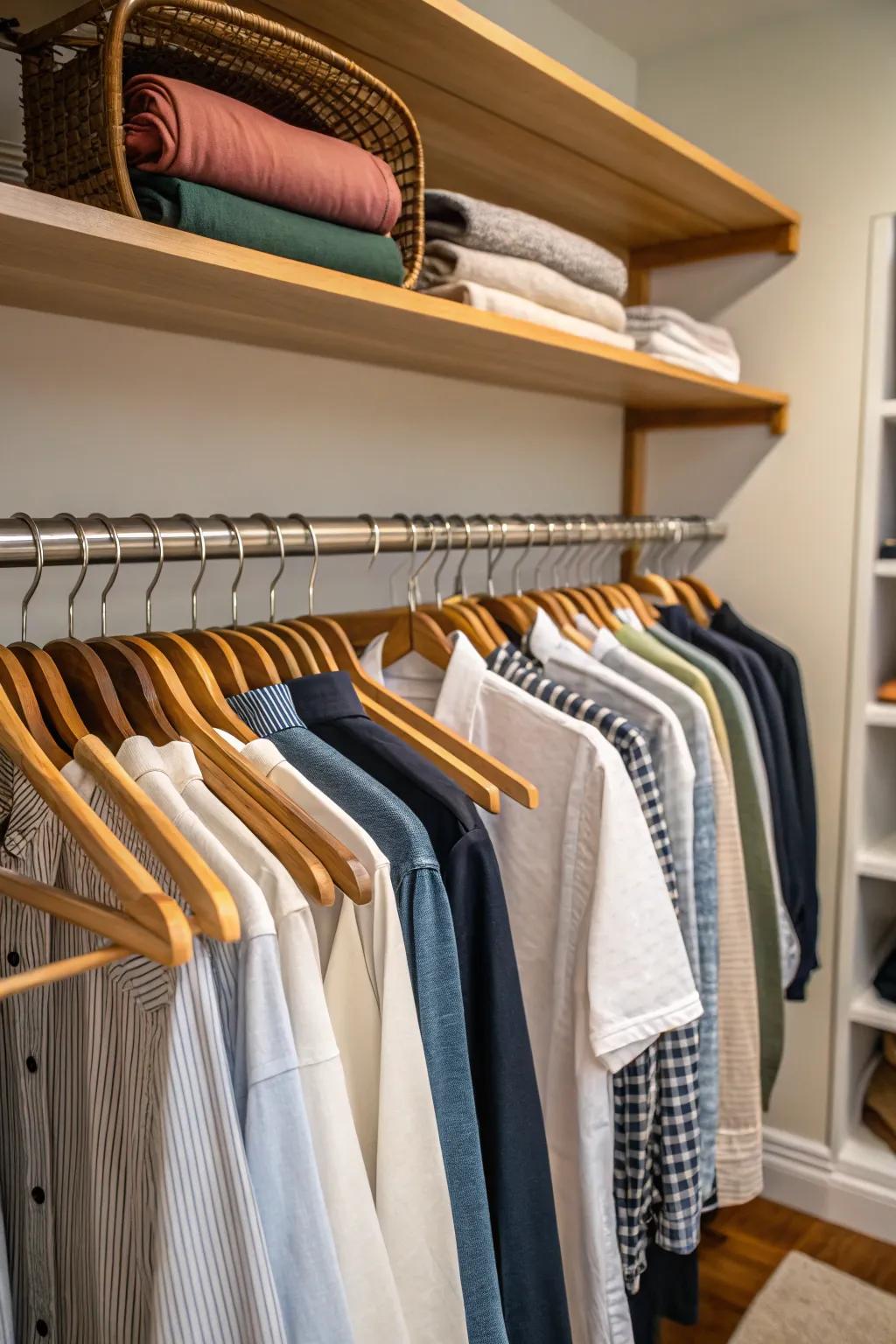 Natural wood rods bring classic elegance and organic warmth to any closet.