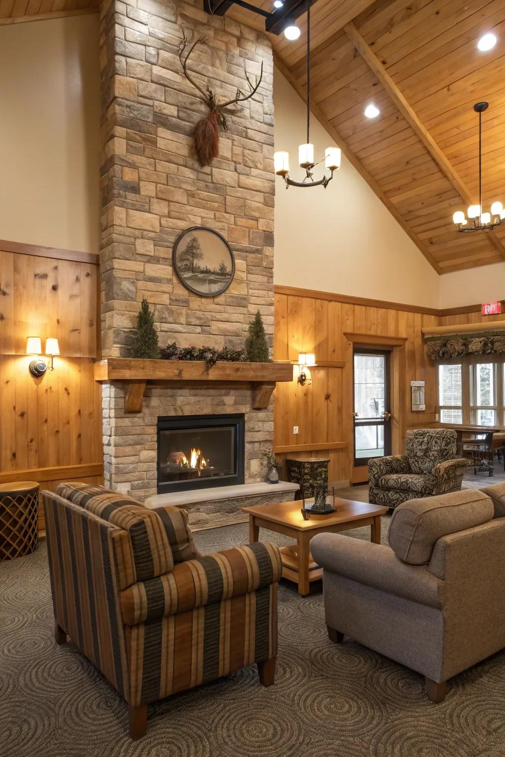 Cozy ambiance featuring a central fireside inside a clubhouse.