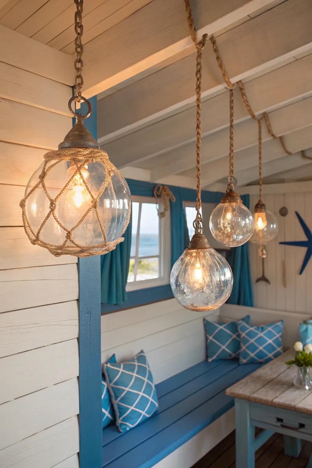Ocean ball lights create a playful seaside atmosphere.