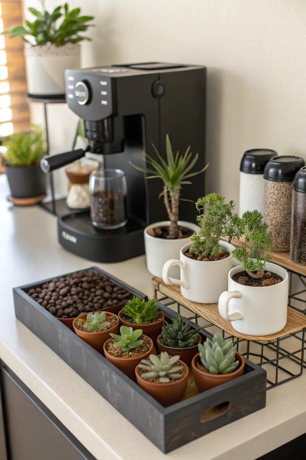 A touch of vegetation with potted succulents.