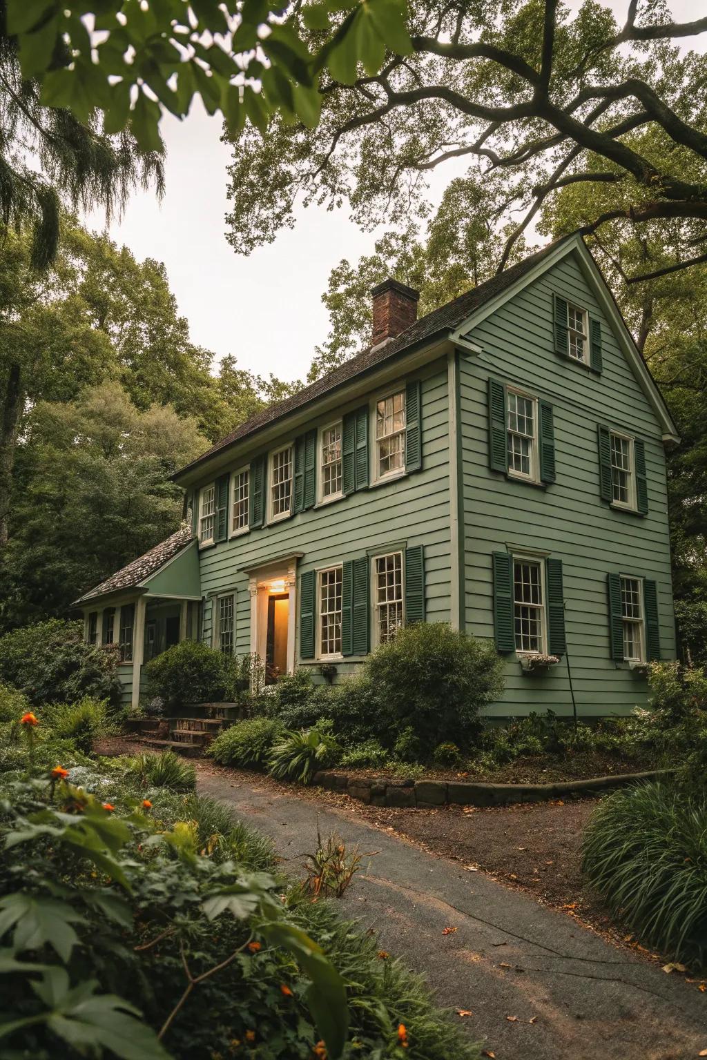 A colonial house harmonizing with nature through a subdued verdant color scheme.