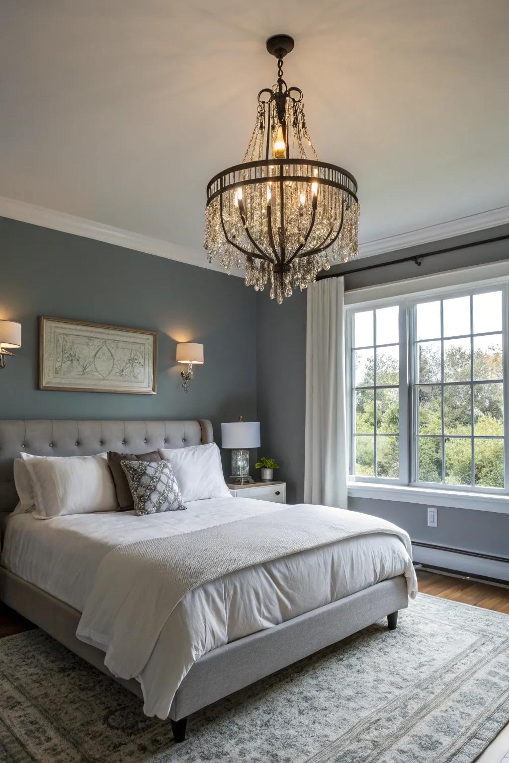 Elegant lighting elevates the style of this color-immersed bedroom.