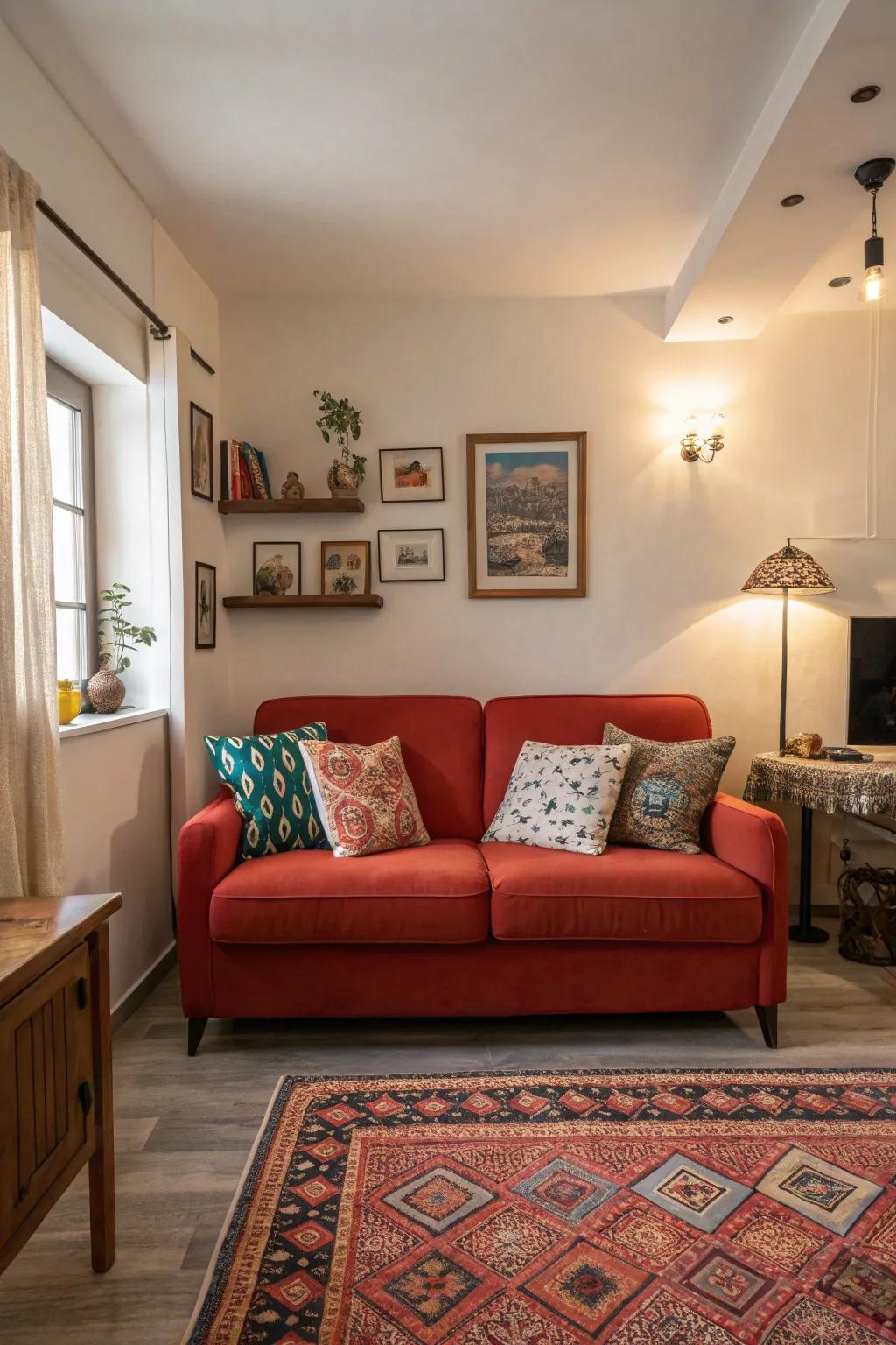 A bold sofa that adds character to a small space.