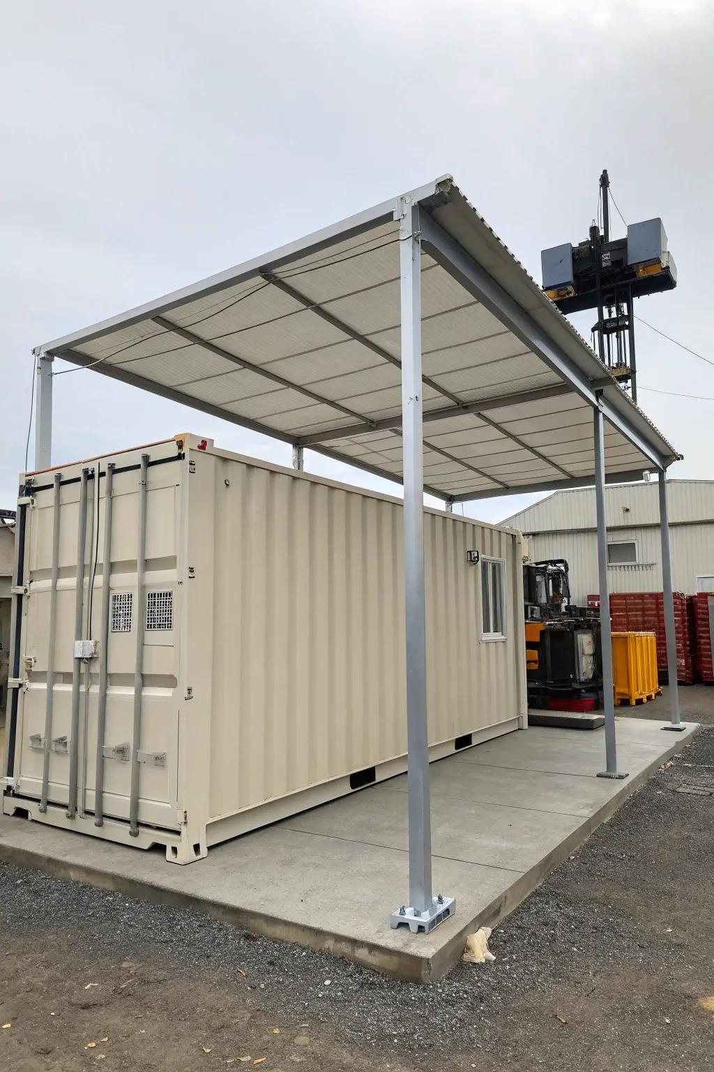 Integrate a container with an exterior shelter for boosted storage solutions.