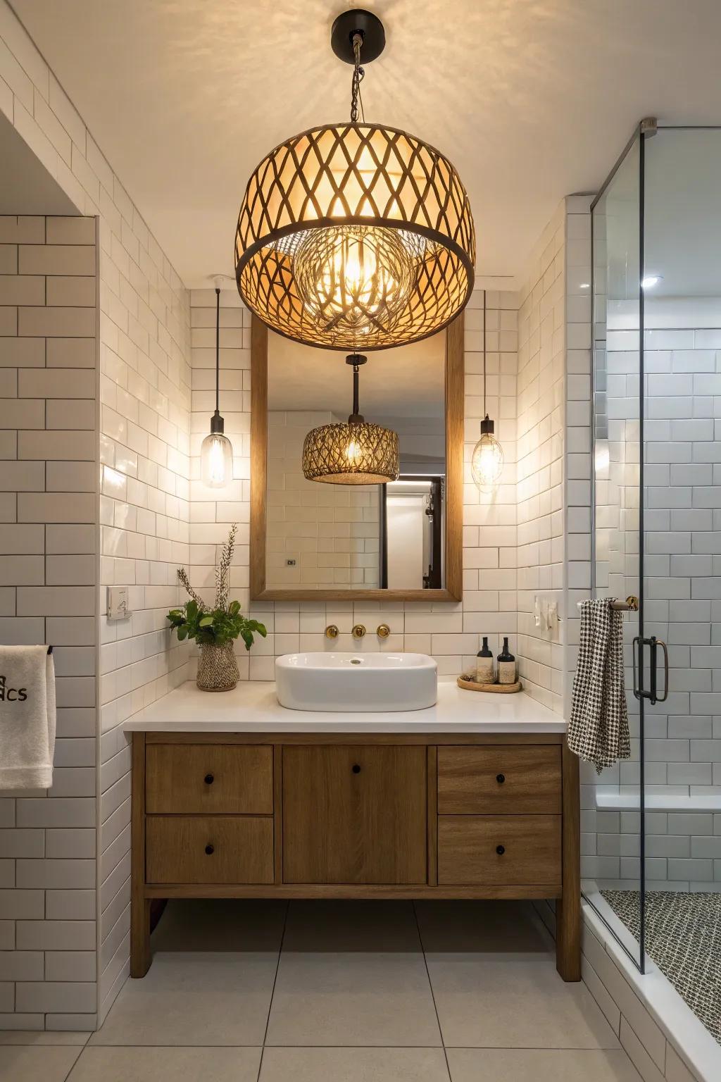 Bathroom with a striking centerpiece lighting design.