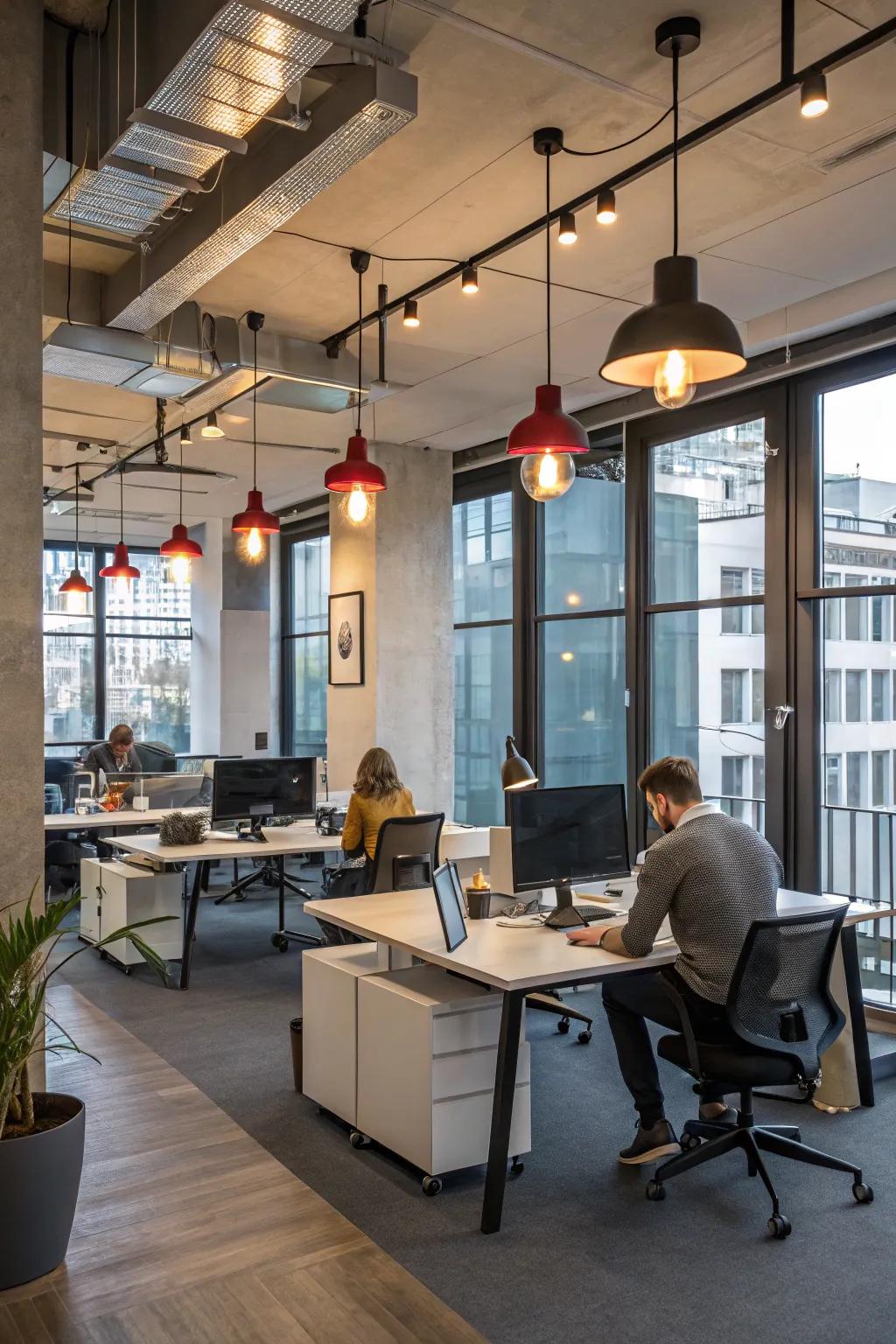 Office space with distinctive lighting fixtures enhancing the mood.