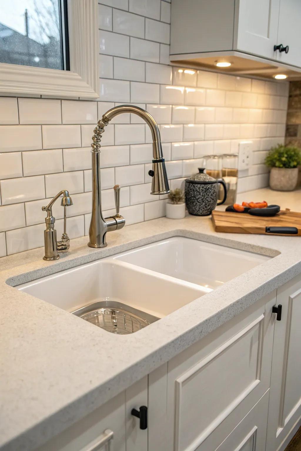 Elegant fixtures that bring style and sophistication to a corner kitchen sink.