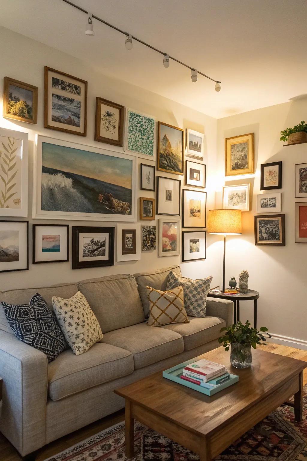 A small art collection transforms a basic corner into a vibrant art exhibit.