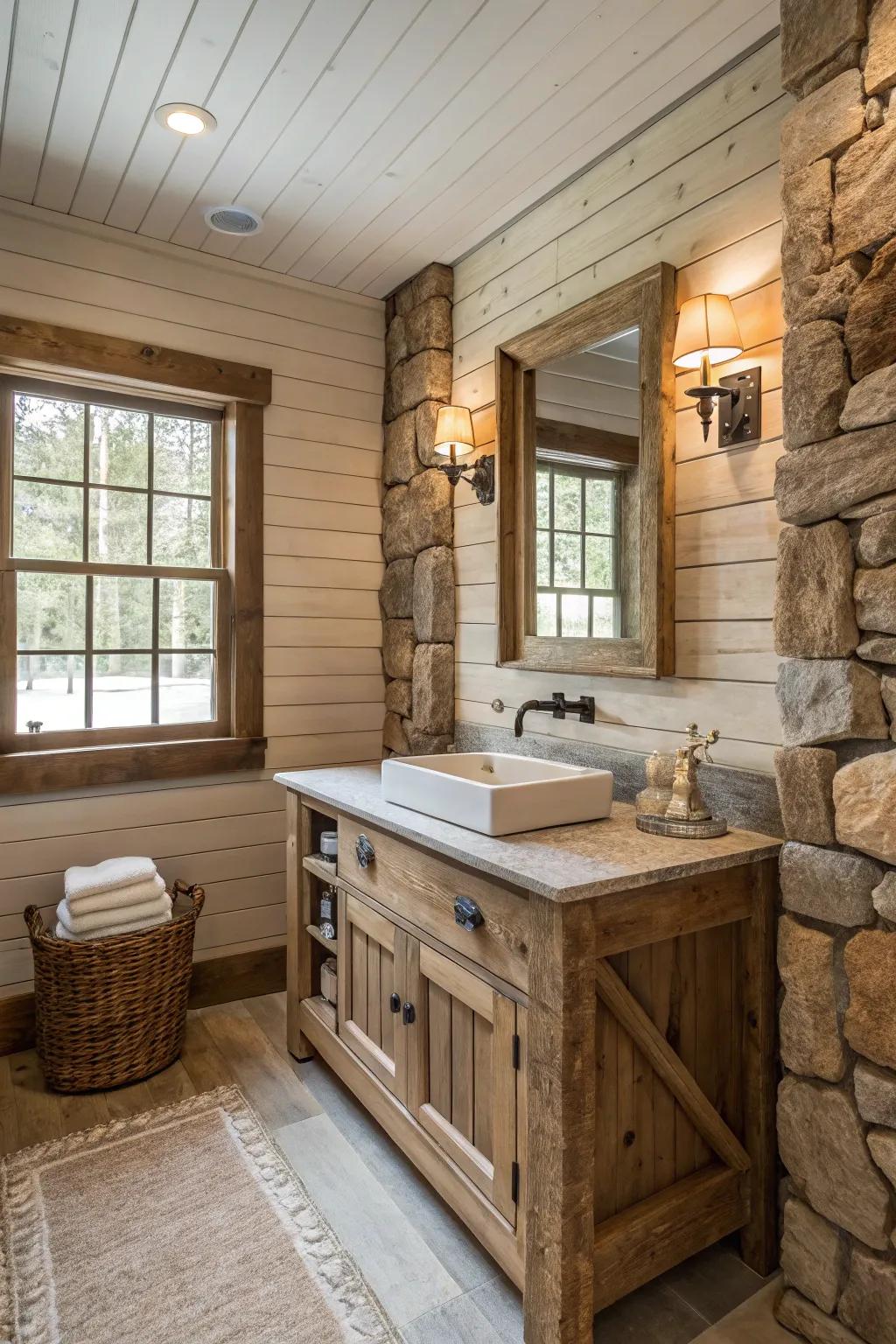 Textured materials enrich this rustic bathroom with charm and character.
