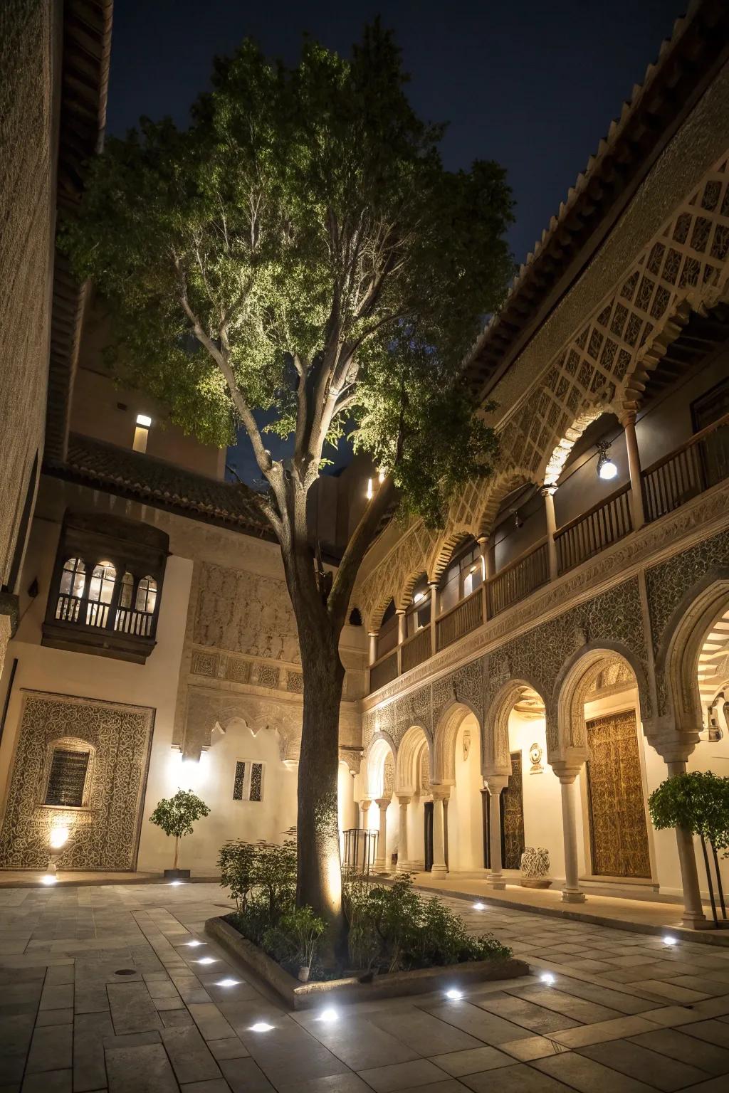 Accent lights showcase the tree and architectural features in the patio.